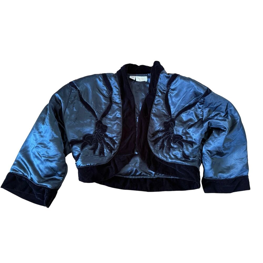 Victoria's Secret Gold Label black bow design‎ velour trim satin jacket
